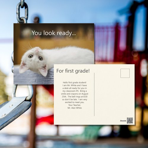 Postcard White Kitten Welcome Back to School