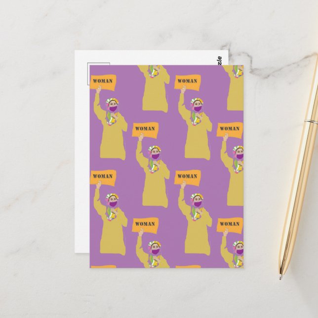 Postcard with Afghan woman holding protest sign (Front/Back In Situ)