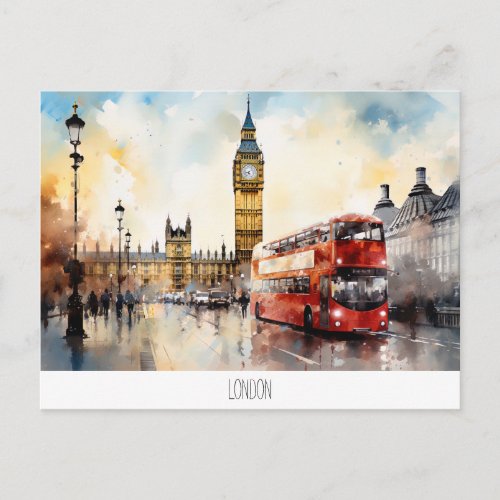 Postcard with Big Ben and red bus in London