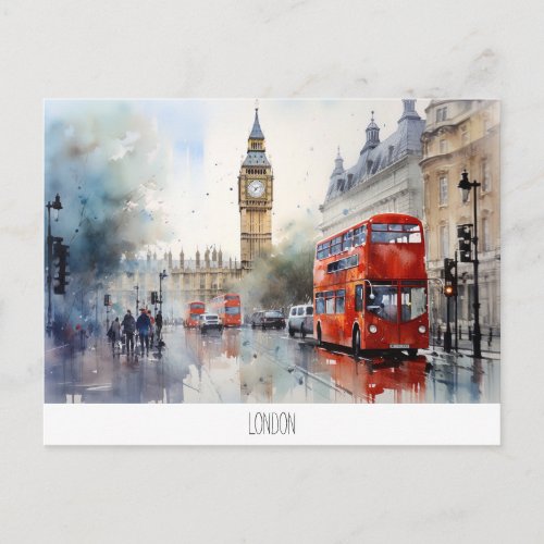 Postcard with Big Ben and red bus in London