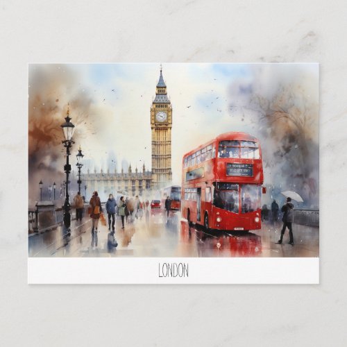 Postcard with Big Ben and red bus in London