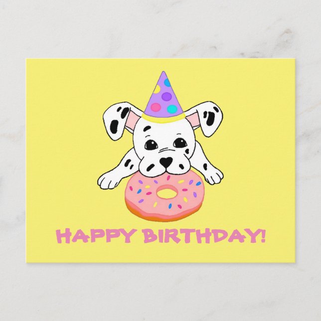 Postcard with cute Dalmatian puppy with donut (Front)