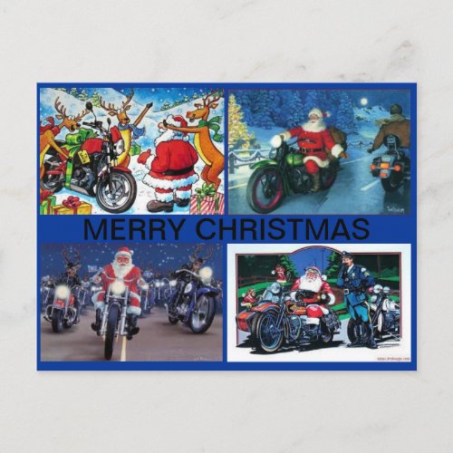 POSTCARD WITH FOUR SANTA MOTORCYCLE SCENES