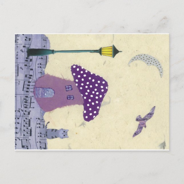 Postcard with Mushroom House, Lamp Post, Cat (Front)