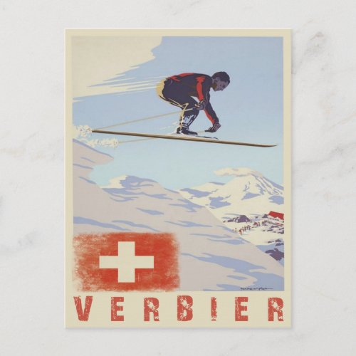 Postcard with Switzerland Vintage Ski Print