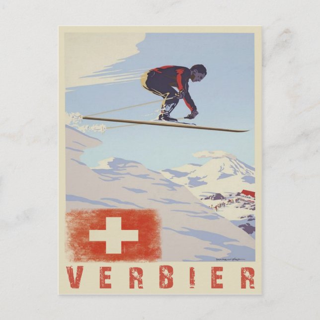 Postcard with Switzerland Vintage Ski Print (Front)