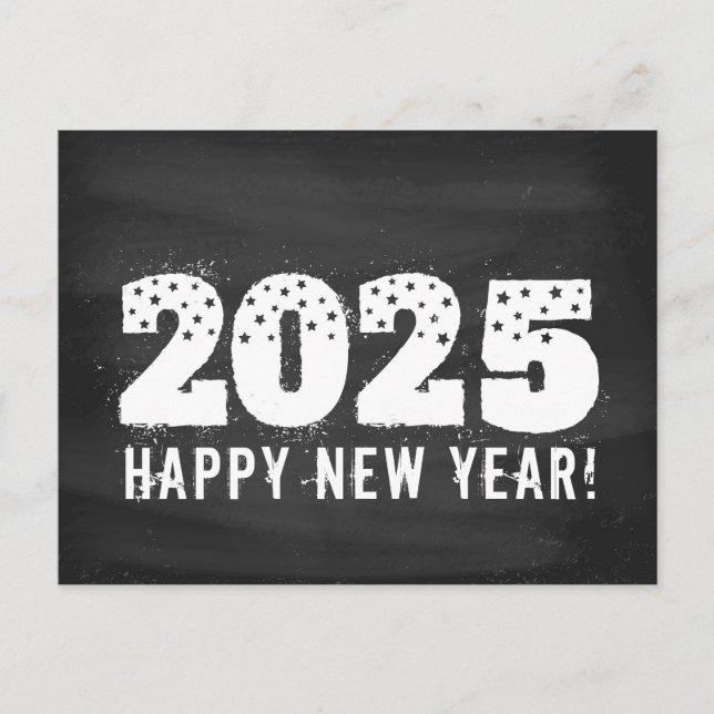 Postcard with text of 2025 on chalkboard. New year (Front)