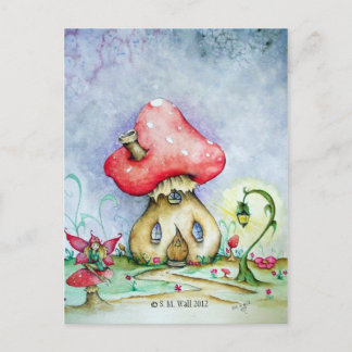 Postcard with Toadstool House, Fairy and Lamp post