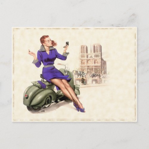 Postcard with Vintage Girl On Her Motorbike