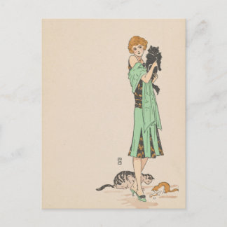 Postcard - woman and cats - French artist