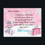 Postcards from Santa: Cute Snowman<br><div class="desc">Pretty snowflakes,  cute snowman and a festive bunny personalized letter from Santa Claus on the front. The back has a place for your child to write their Christmas wish list.</div>