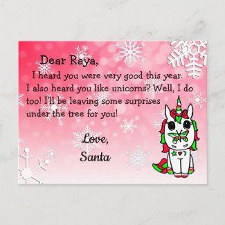 Postcards from Santa: Holiday Unicorn in Santa Hat