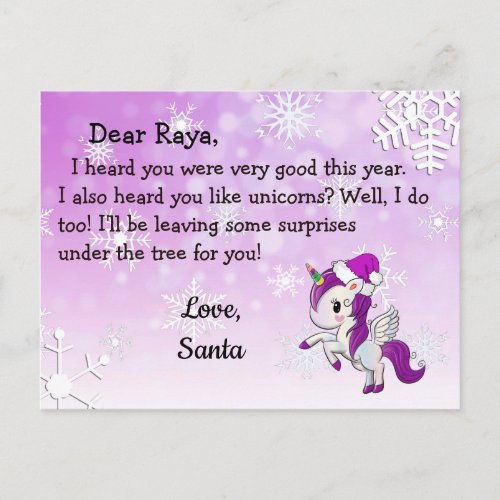 Postcards from Santa Purple Unicorn in Santa Hat