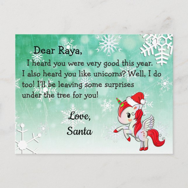 Postcards from Santa: Red Unicorn in Santa Hat (Front)