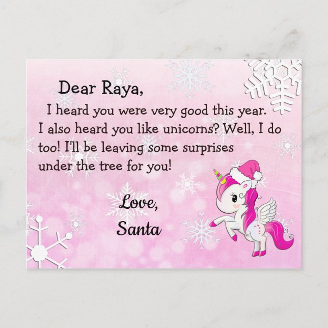 Postcards from Santa: Red Unicorn in Santa Hat (Front)