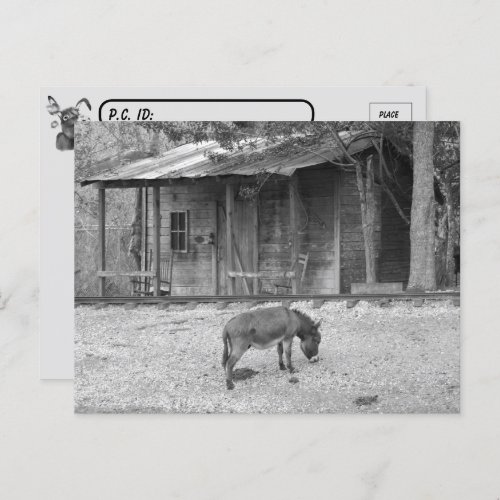 Postcrossing Cabin and Donkey in BW Postcard