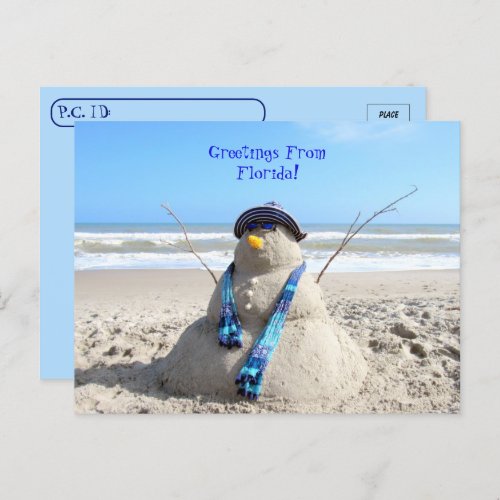 Postcrossing Greetings From Florida Beach Snowman  Postcard