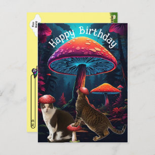 Postcrossing Mushrooms and Cats Birthday Postcard