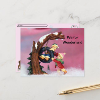 Postcrossing - Winter Wonderland Kids Tree Swing Holiday Postcard