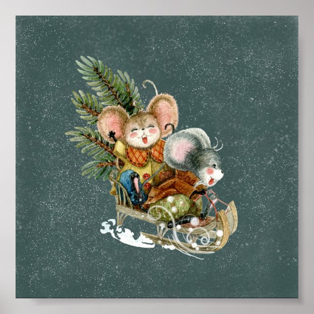 Poster (15,2 x 15,2cm) - Two Mice On A Sleigh (Front)