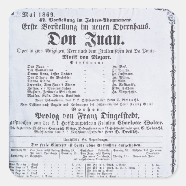 Poster advertising a performance of 'Don Juan' Square Sticker (Front)