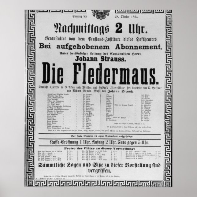 Poster advertising Die Fledermaus by Johann (Front)