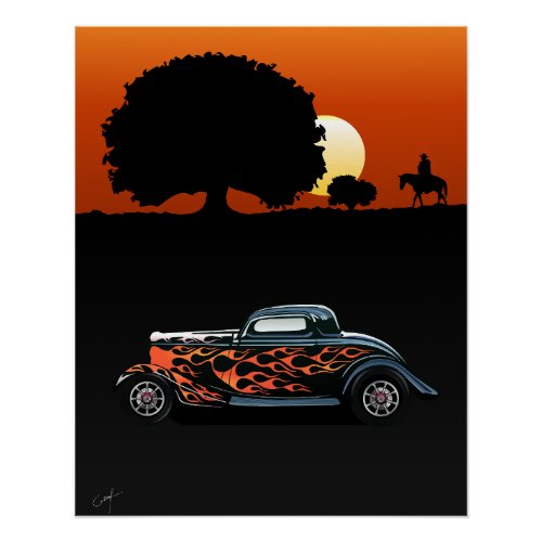 poster American landscape with hot rod car