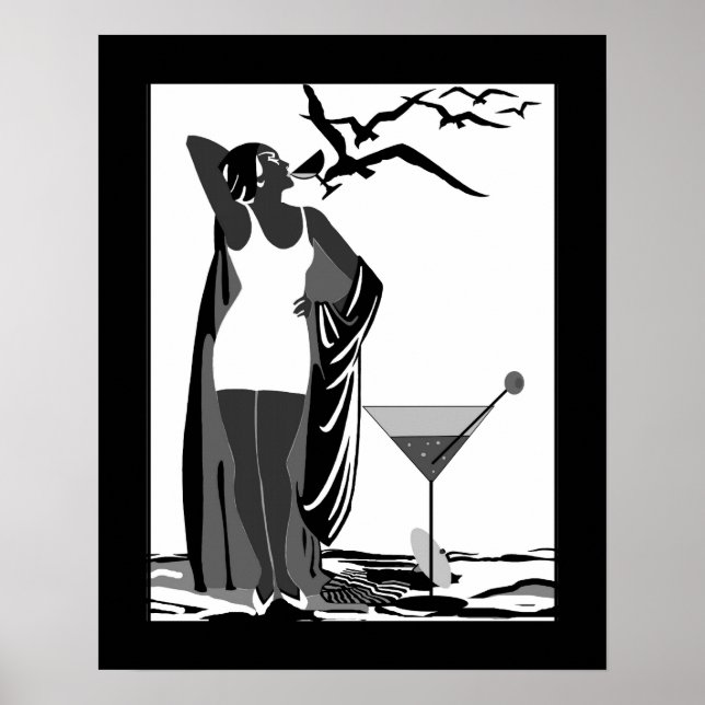 Poster ART DECO LADY Black White Martini (Front)