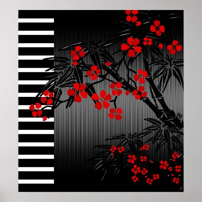Poster Asian Red Black White Bamboo Floral (Front)
