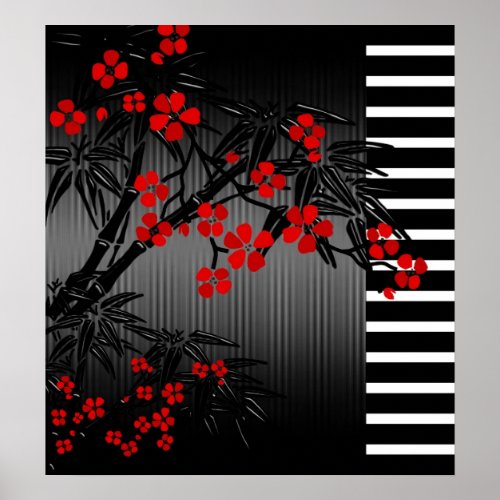 Poster Asian Red Black White Bamboo Floral 2
