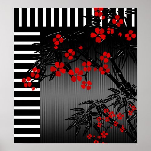 Poster Asian Red Black White Bamboo Floral 3