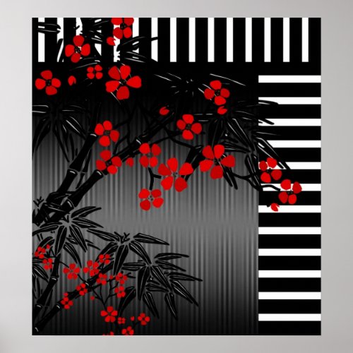 Poster Asian Red Black White Bamboo Floral 4