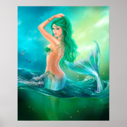 Poster-Beautiful mermaid at ocean on waves Poster