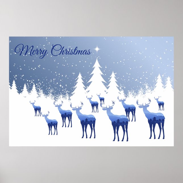 Poster-Blue Deer Winter Scene-Merry Christmas Poster (Front)