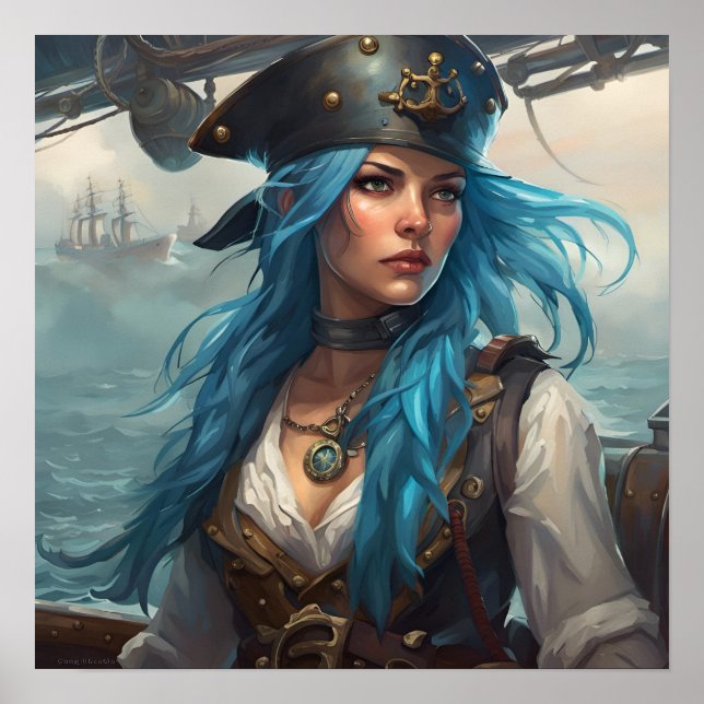 Poster - Blue Nautical Pirate Pin-Up Girl AI Image (Front)