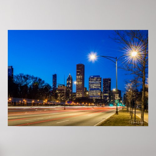 Poster _ Chicago Skyline Illinois with Night Sky
