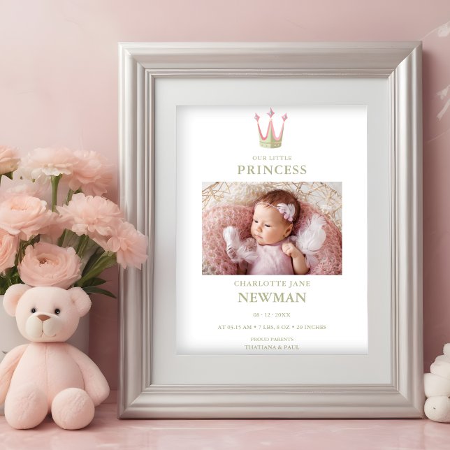 Póster Cute Green Pink Princess Crown Photo Baby Newborn (Cute Green & Pink Princess Crown Photo Baby Newborn Birth Announcement Poster.)
