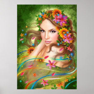 Poster Fantasy Beautiful fairy woman with flowers