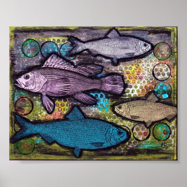 Poster,Fish Art, Grunge Fish Abstract Mixed Media Poster (Front)