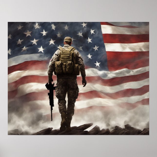 Poster-Hero Military Soldier w/ US Flag Background Poster (Front)