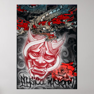 Poster Japanese mask and dragon