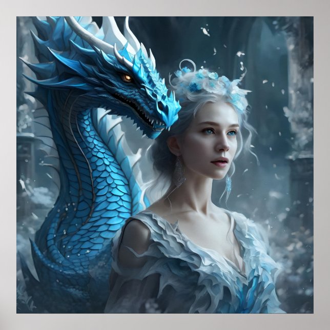 Poster - Light Ice Blue Dragon and Girl AI image (Front)