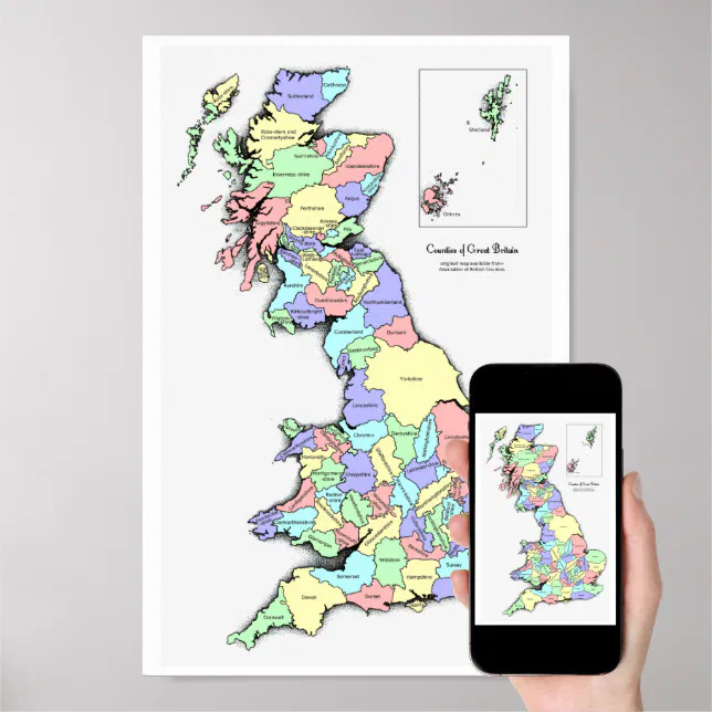 Poster Map Of Counties In Great Britain Zazzle 