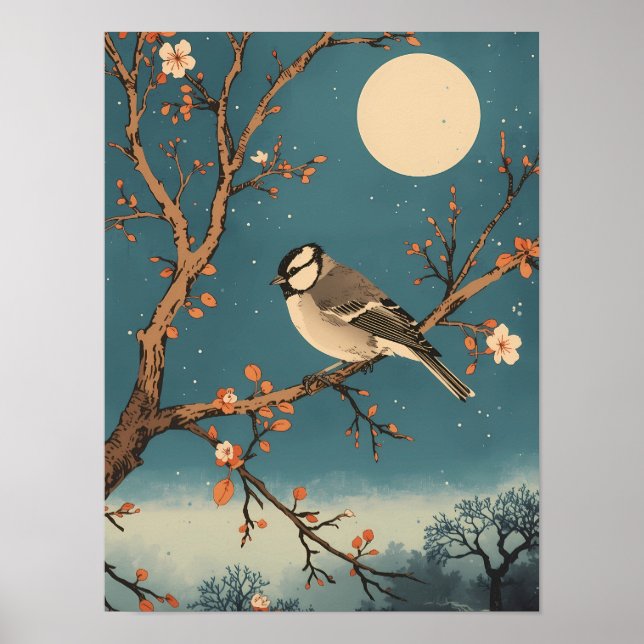 Poster - Moonlit Bird on Blossom Branch (Front)