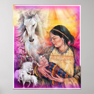 Poster Native American woman and white horses
