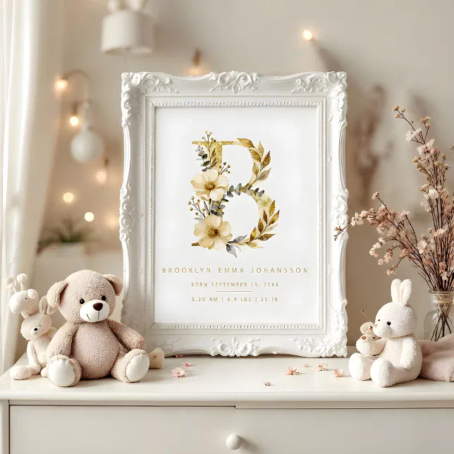 Póster Nursery Cute Romantic Floral B Letter Gold Poster | Zazzle