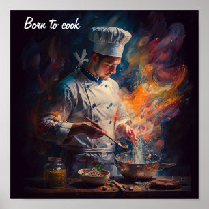 Poster of a chef cooking - in the style of an oil 