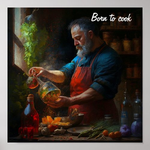 Poster of a chef cooking _ in the style of an oil 