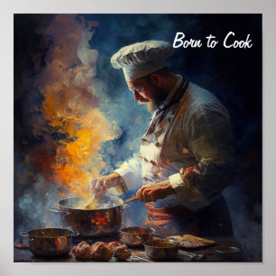 Poster of a chef cooking - in the style of an oil 