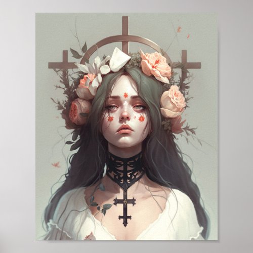 Poster of a Creepy Girl _ Gothic Wicca Flowers